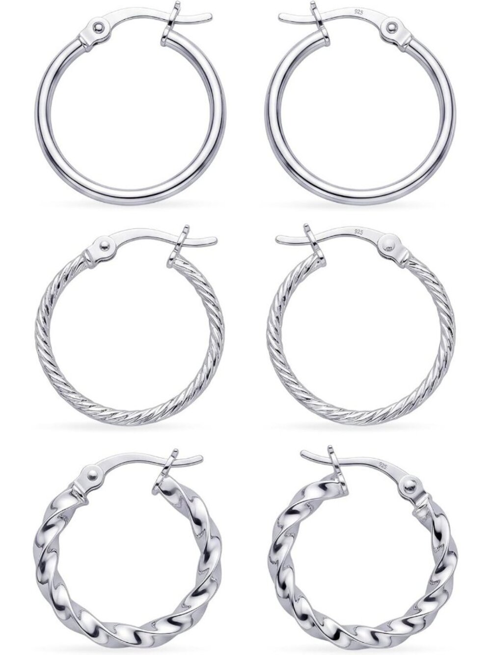 Set of 3 Pairs Sterling Silver Hoop Earrings | Lightweight Diamond-Cut Click-Top